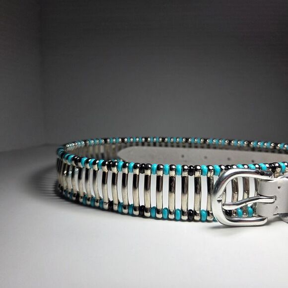 IRO White Leather Belt Silver Studs Turquoise Black Bead Accents Edgy Boho Sz 80 main image 9